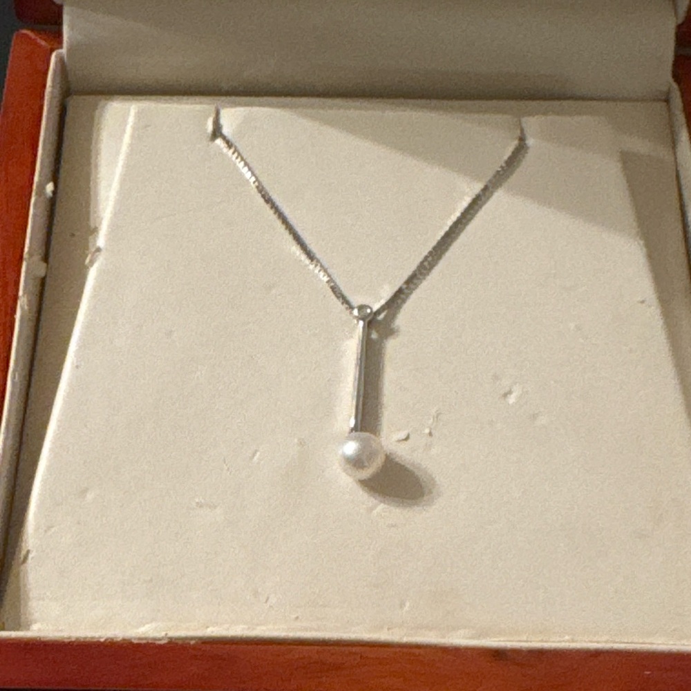 Sterling Silver 925 Pearl Drop Necklace – Minimalist Bar Pendant – 18”
No